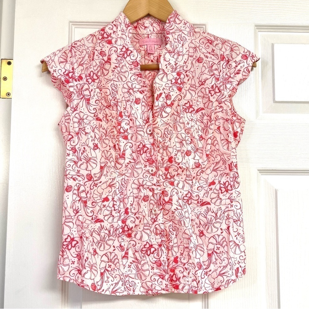 Lilly Pulitzer Bubba Shrimp Button Front Cotton Blouse Barbiecore size 0 women’s